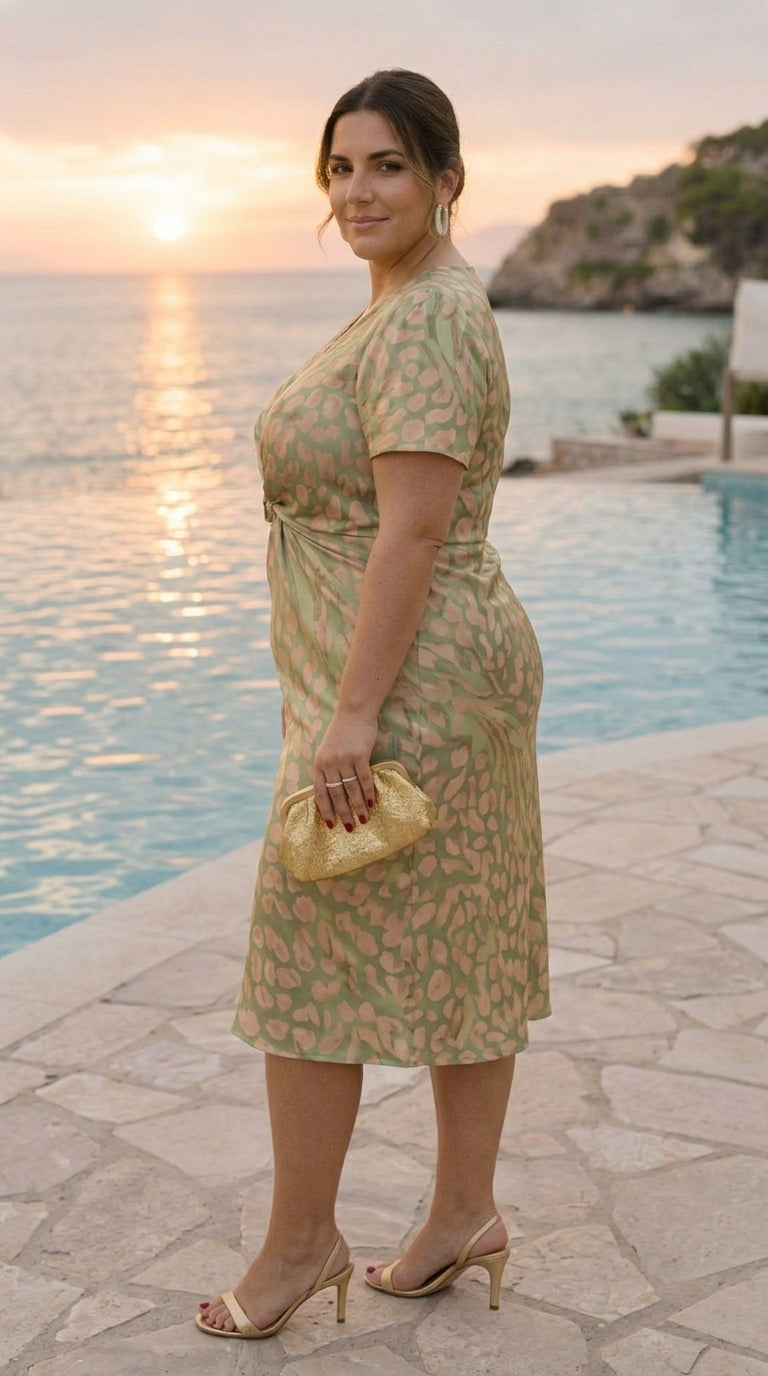 Midi dress with shaping effect, central knot, and fluid drape