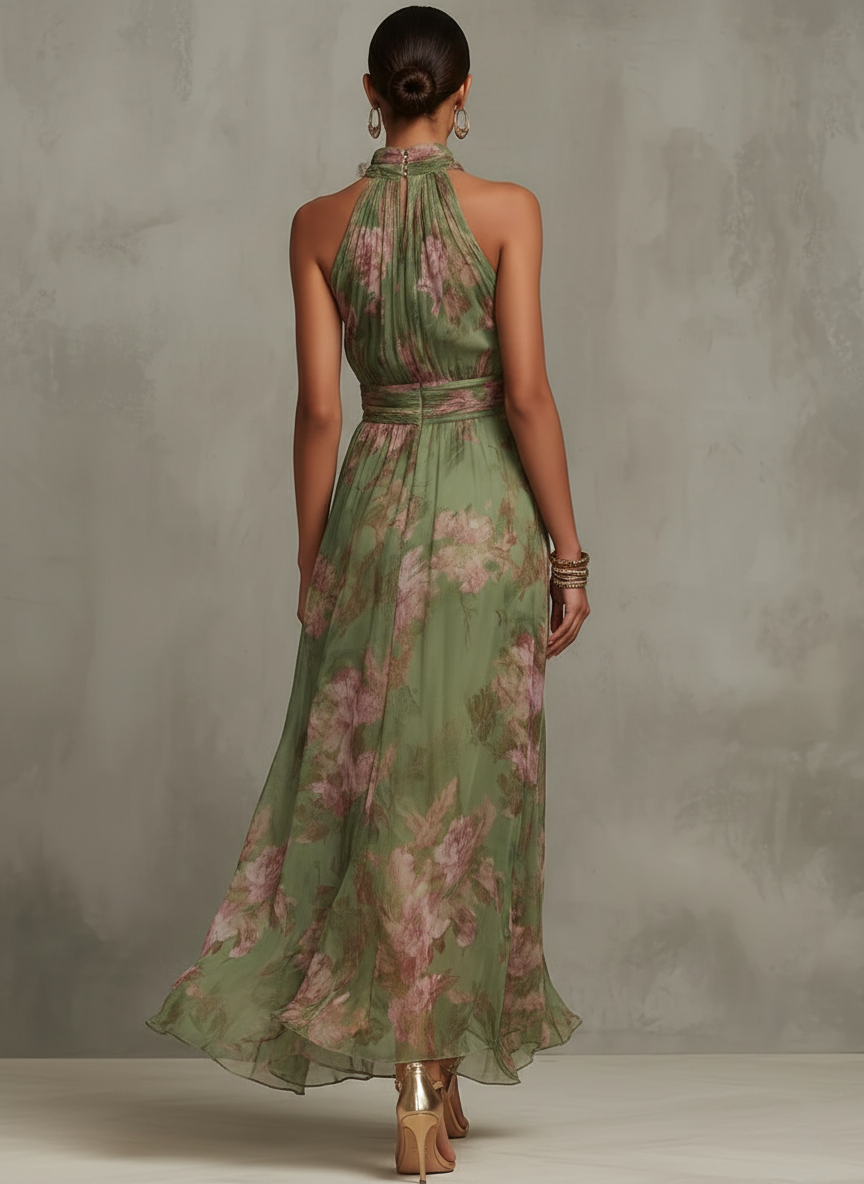 Serena | Light Green Dress with Floral Pattern and Neck Tie