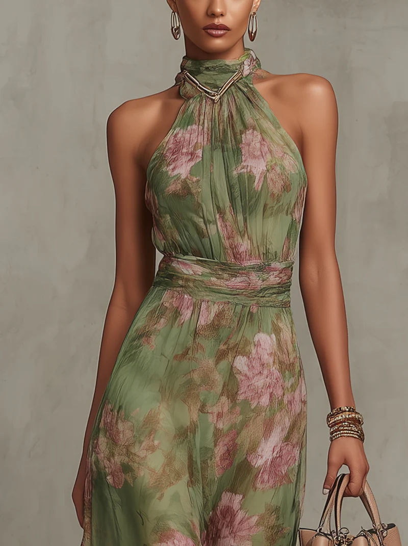 Serena | Light Green Dress with Floral Pattern and Neck Tie