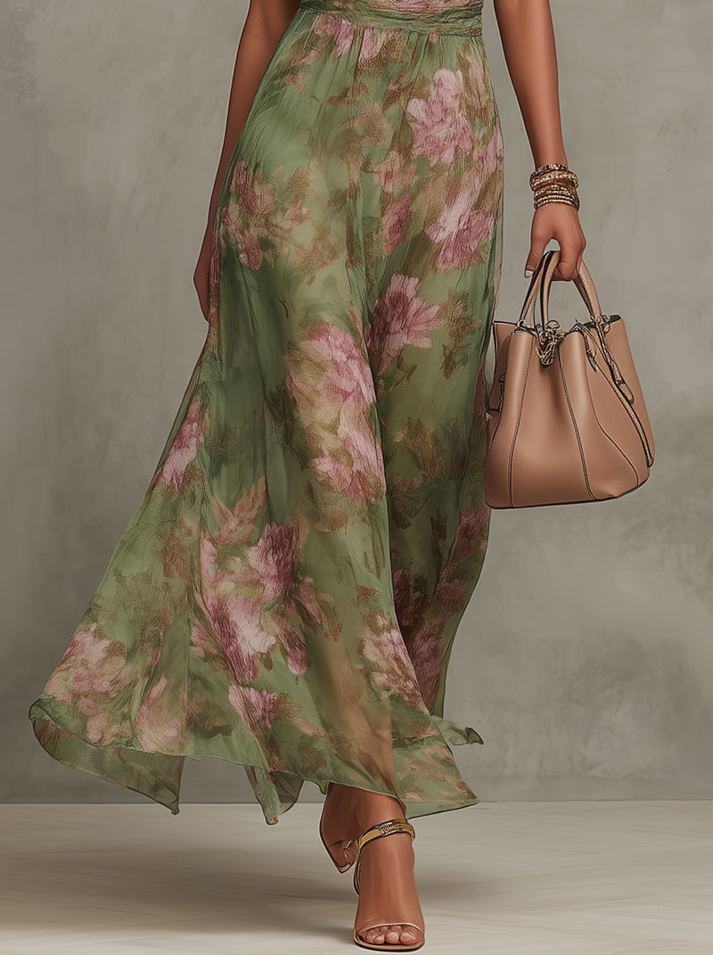 Serena | Light Green Dress with Floral Pattern and Neck Tie