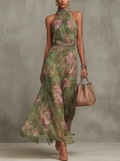 Serena | Light Green Dress with Floral Pattern and Neck Tie