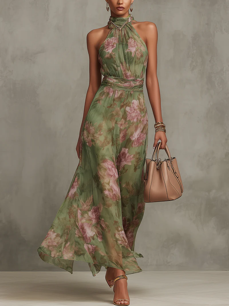 Serena | Light Green Dress with Floral Pattern and Neck Tie