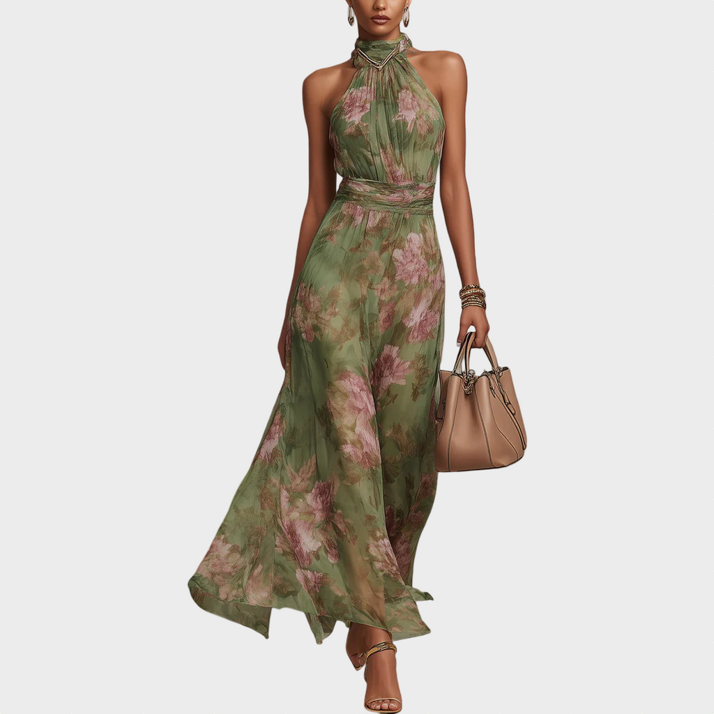 Serena | Light Green Dress with Floral Pattern and Neck Tie