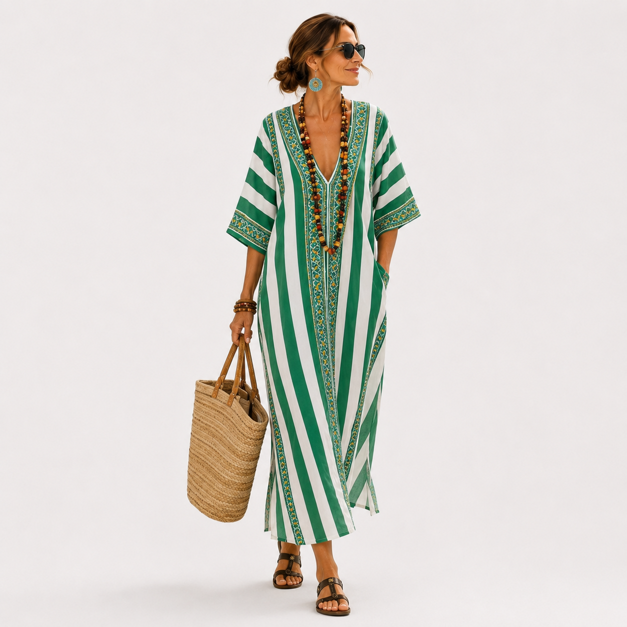 Zoe Green Striped Kaftan