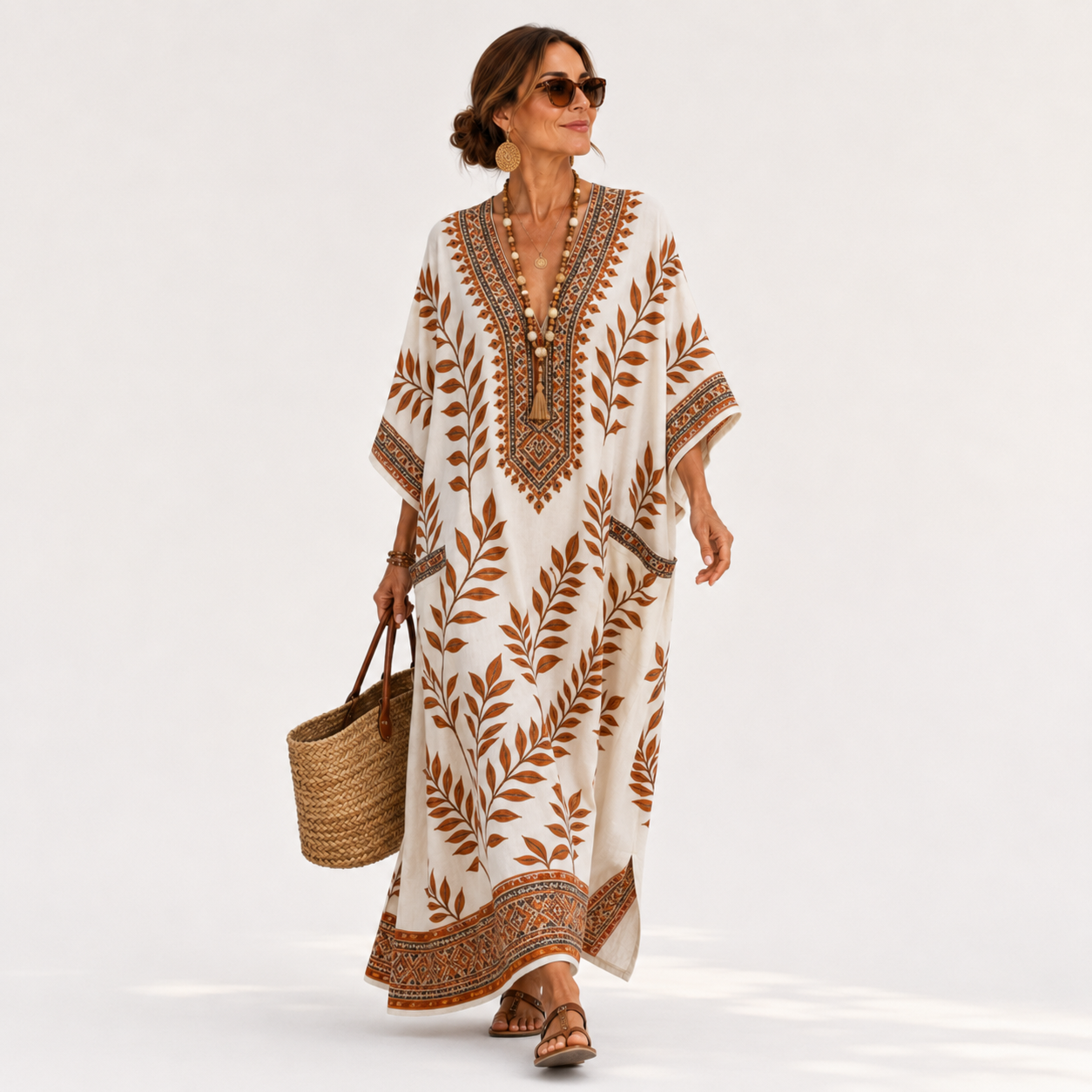 Nora Cream Botanical Caftan