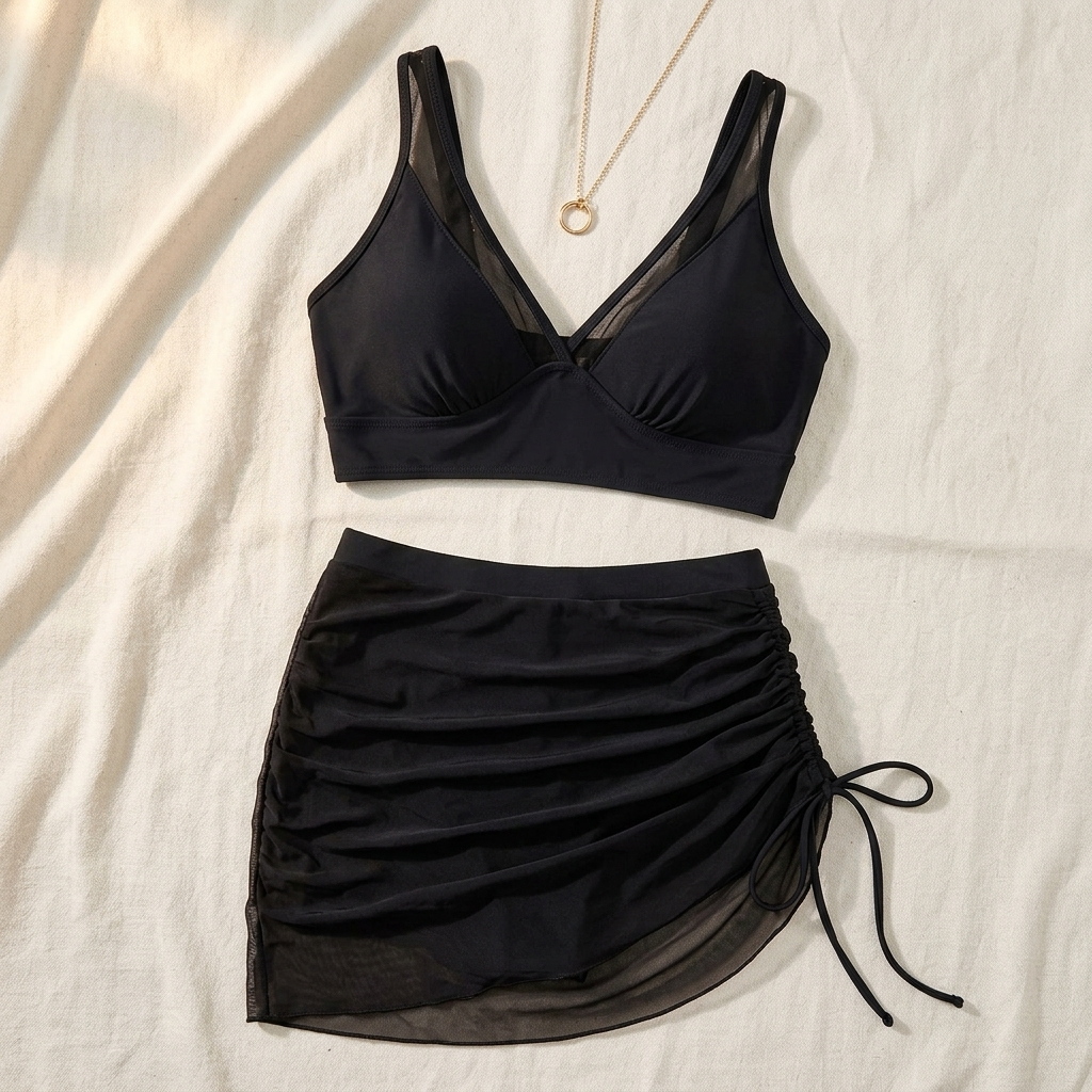 Marella™ – High-Waisted Mesh Bikini Set with Ruffled Skirt