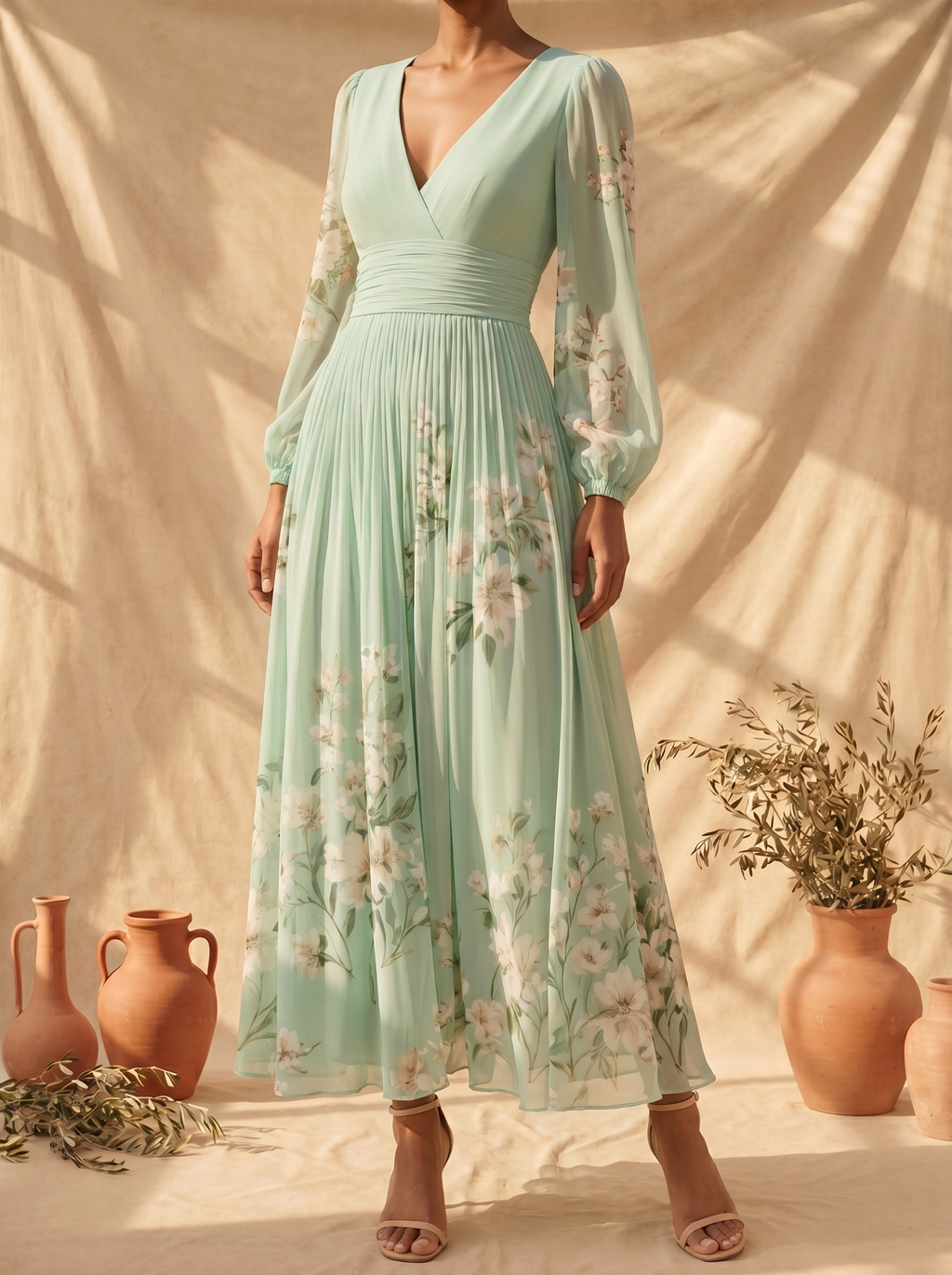 Cisella | Light Green Floral Midi Dress