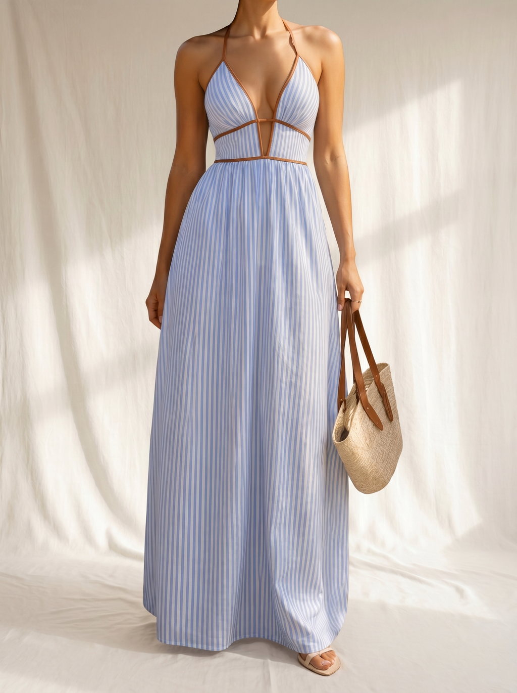 Laurina | Long Striped Dress with Cut-out Neckline