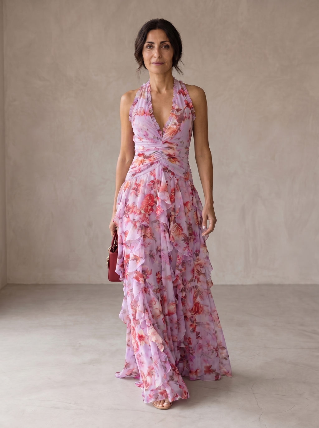 Belladina | Romantic Cascading Rose Maxi Dress with American Neckline