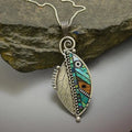 Vintage Silver Necklace with Green Leaf and Crystals
