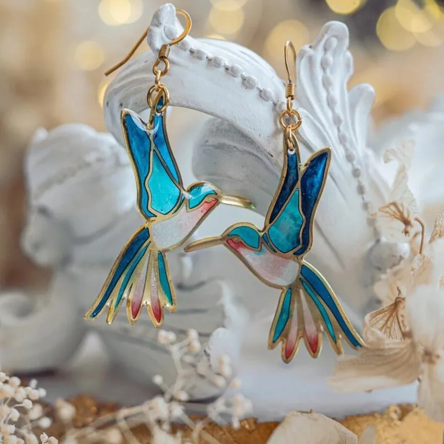 Dangling Earrings with Gold Hummingbird and Blue Enamel