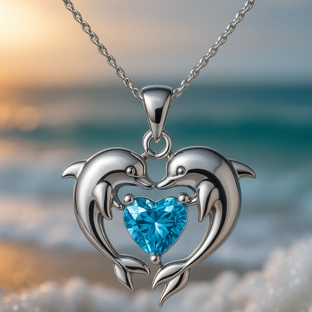 Timeless silver necklace with double dolphins and opal
