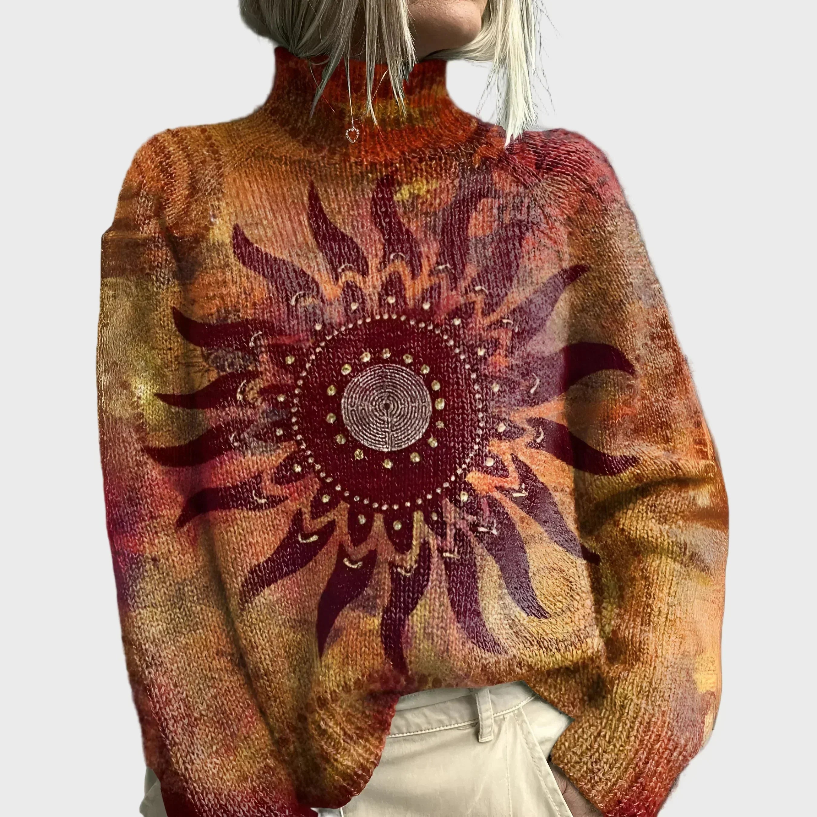 Knitted High Neck Jumper with Sun and Tribal Pattern