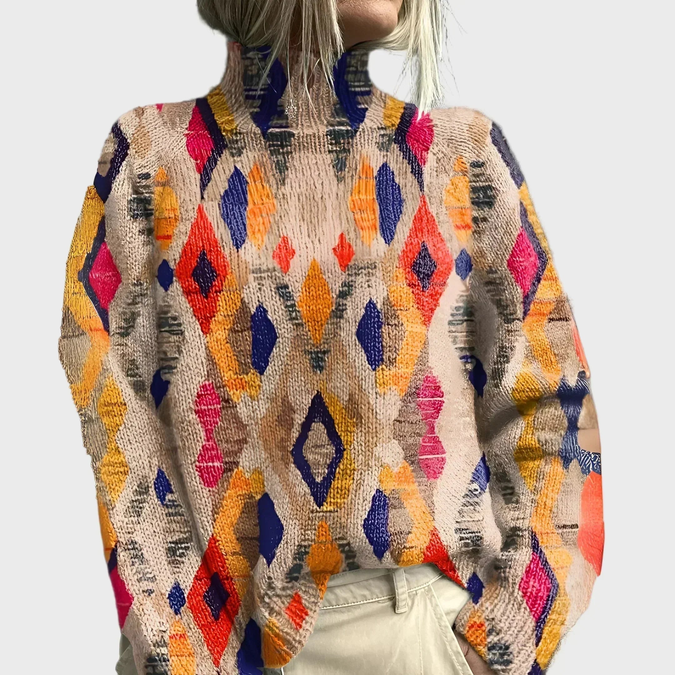 Sweater | Knitted High-Neck Geometric Pattern Top