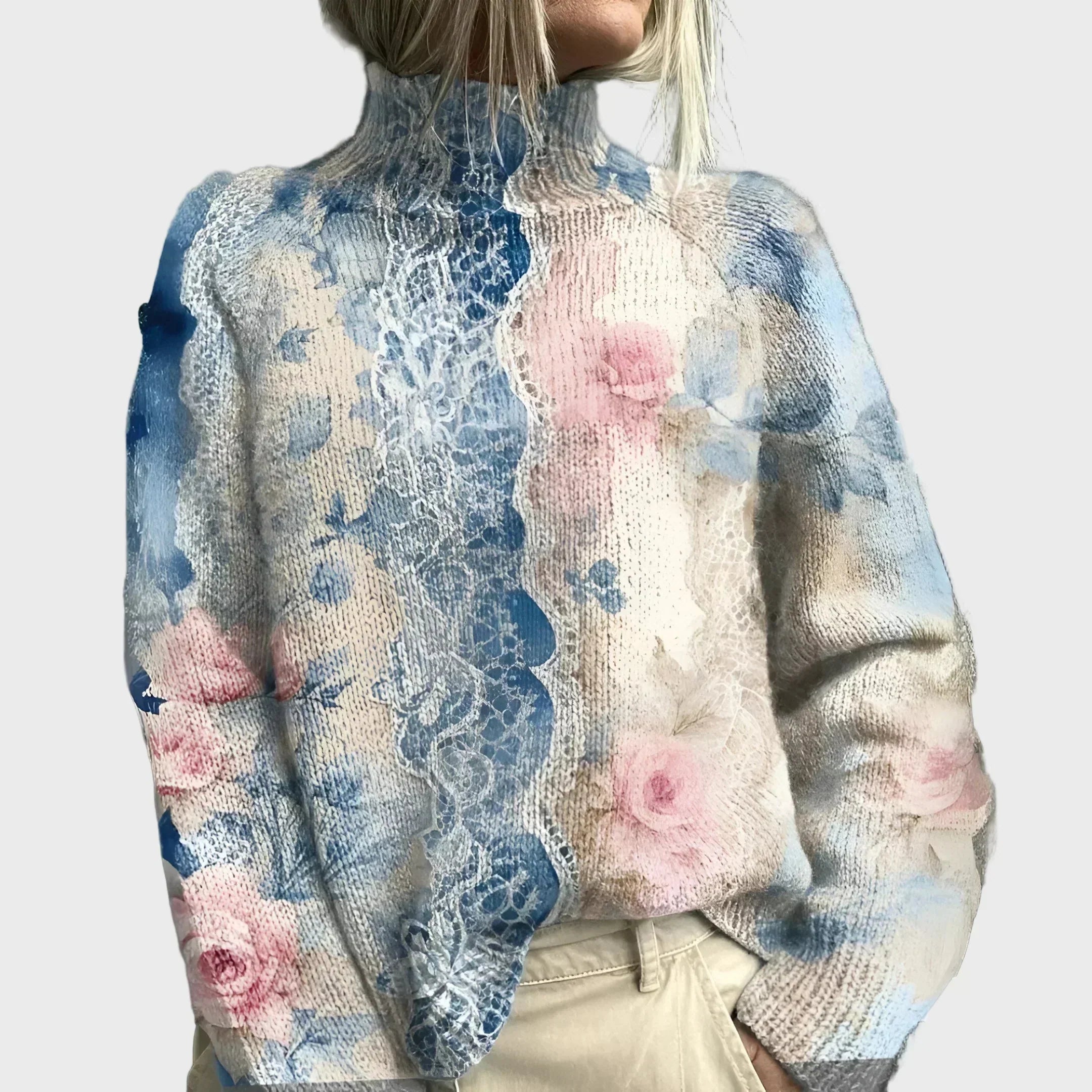 Salme | Knitted High-Neck Sweater with Elegant Floral Pattern